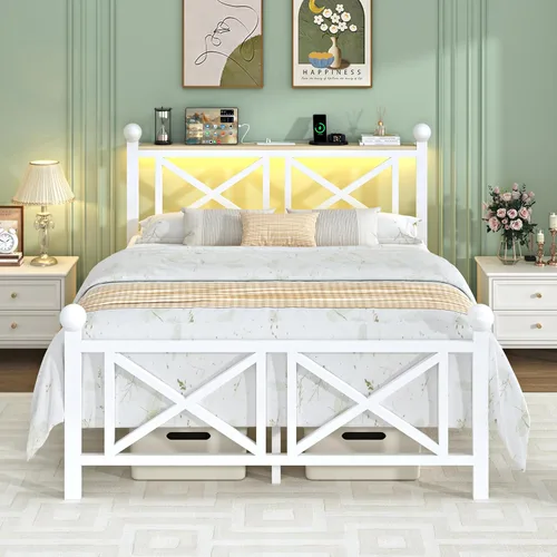 Vista 13 de ChicZhiNest Marco de cama tamaño Twin con estación de carga y luces LED, cama de plataforma de metal con cabecera de madera y estante