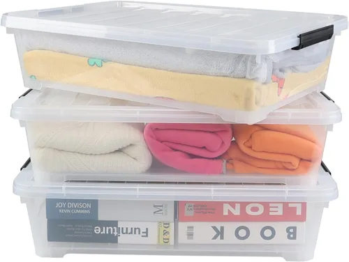 Vista 8 de Cajas de almacenamiento de plástico de 25 cuartos de galón debajo de la cama, contenedor de almacenamiento con ruedas, paquete de 3, transparente
