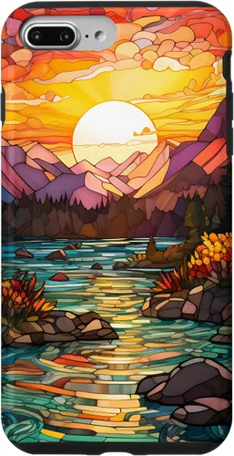 Vista 12 de iPhone 16 Sunset Stained Glass Mosaic Landscape Scene Case