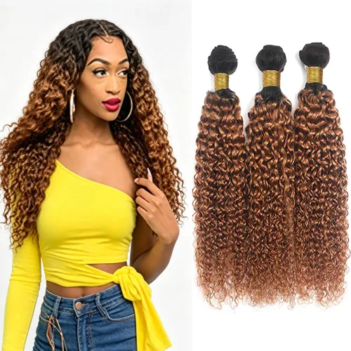 Vista 294 de P4613 Cabello humano rizado onda profunda marrón y paquetes mixtos 8 10 12 P4613 Ombre Marrón-Rubio-DP