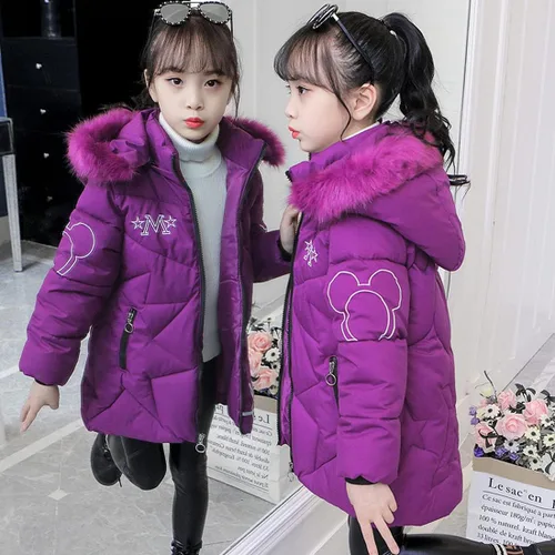 Vista 6 de Chaqueta cálida de invierno para niñas, rompevientos con capucha de piel suave, patrón de dibujos animados