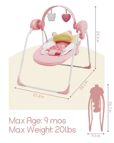 Vista 2 de Columpios de bebé para bebés, columpio para recién nacido, columpio portátil para bebés con música, velocidad adaptable, temporizador, cojín suave