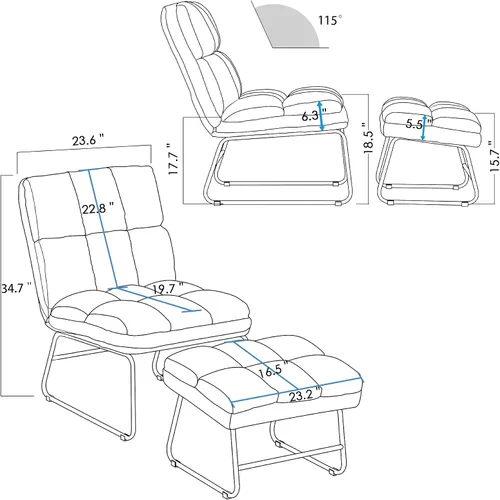 Vista 3 de MCombo Silla decorativa de terciopelo con otomana, acogedora silla de rincón de lectura para espacios pequeños, moderna silla sin brazos para Azul
