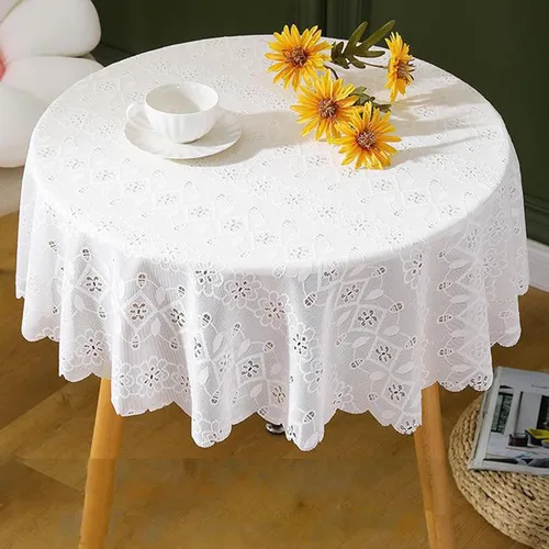 Vista 2 de Jeloris Mantel redondo de encaje blanco con patrón floral de 48 pulgadas, mantel de encaje bordado rústico para uso diario y bohemio