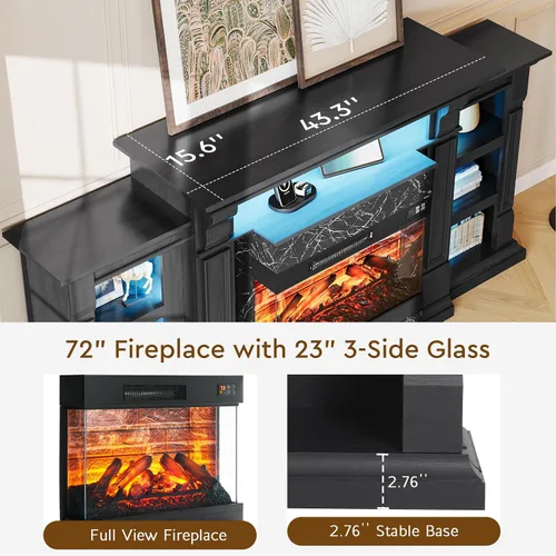 Vista 5 de LGHM Soporte de TV con chimenea eléctrica LED con tomacorriente, mantel de chimenea de 72 pulgadas para televisores de hasta 80 pulgadas, moderno