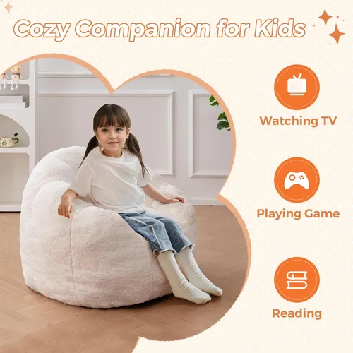 Vista 5 de MAXYOYO Puf para niños, sofá de puf en forma de floral, sofá de felpa de piel sintética para niños y niñas, sofá acogedor para guardería, Beige