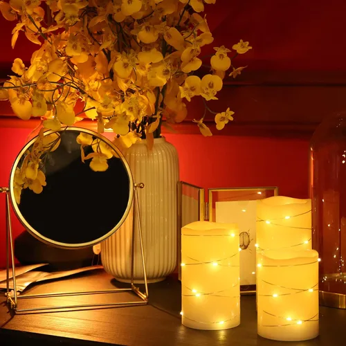 Vista 2 de H-BLOSSOM Velas de cera real sin llamas parpadeantes de marfil con luces de cadena LED incorporadas, velas con baterías con temporizador de ciclo