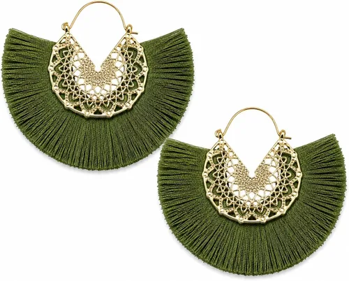 Vista 10 de Aretes de aro con borla, aretes colgantes de hilo de declaración, elegantes aretes largos con flecos, ligeros, largos y con gancho francés, para un