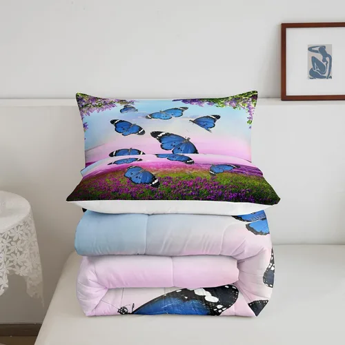 Vista 5 de Juego de ropa de cama de mariposa azul para adultos, mujeres y niñas, juego de edredón con estampado de lavanda morado, tamaño individual, diseño