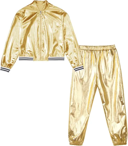 Vista 3 de Disfraz de baile de jazz hip hop para niños y niñas, chaqueta de cuero brillante, sudadera con pantalones deportivos