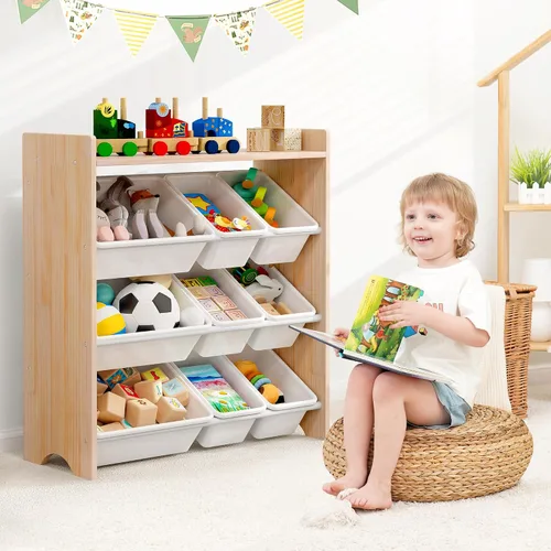 Vista 2 de MallBest Organizador de juguetes para niños con 9 contenedores – Estante de almacenamiento de 4 niveles 100% madera maciza para sala