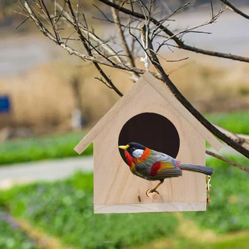 Vista 4 de Hamiledyi Casa de pájaros de madera,Casa de pájaros colgante para exterior,Jardín Patio Decorativo Pintado a Mano Birdhouse para Wren Sparrow
