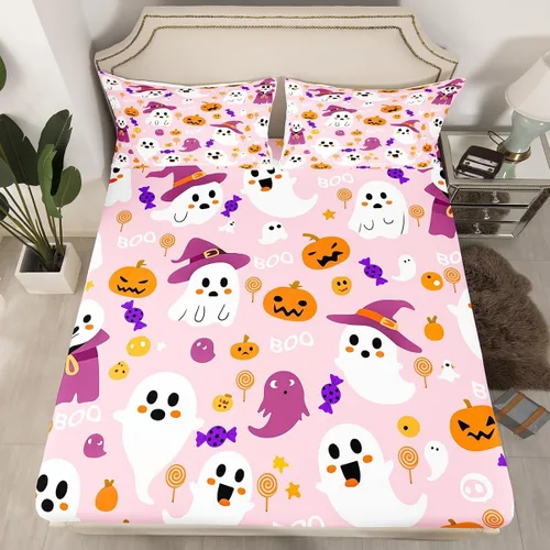Vista 21 de Juego de sábanas bajeras con bonito diseño de gato negro para niños y niñas, diseño de dibujos animados de Halloween, gato, animales, sábanas