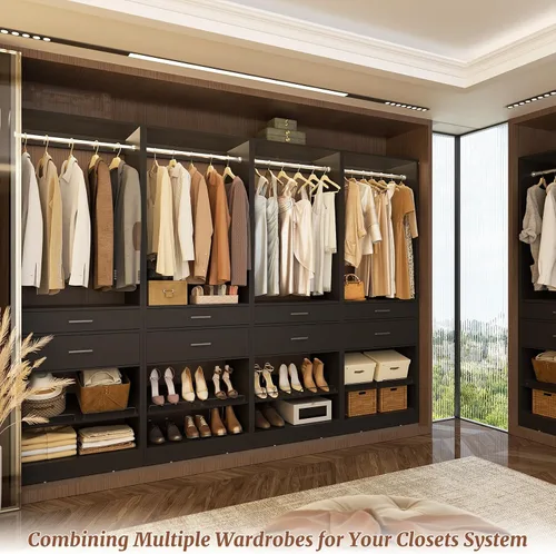 Vista 5 de Unikito Organizador de armario de 25 pulgadas de ancho x 80 pulgadas de alto, con barra para colgar y 2 cajones de madera, zapatero ajustable