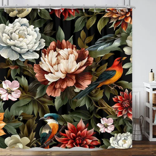 Vista 38 de Cortina de ducha de mariposa floral negra y dorada, cortina de ducha bohemia con diseño botánico de flores oscuras para baño con gancho, juego