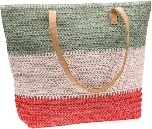 Vista 25 de Bolso grande de paja para mujer, tejido de ratán, bolso de playa de verano, a rayas