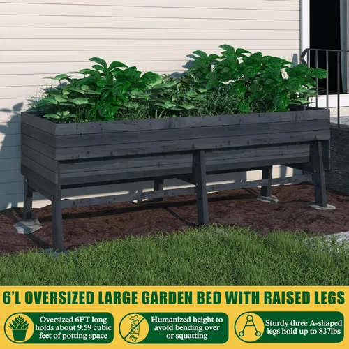 Vista 5 de MUPATER - Cama de jardín elevada de cedro de 6 x 3 x 2 pies para exteriores, cama de jardín elevada con patas, maceta elevada grande de 837 libras