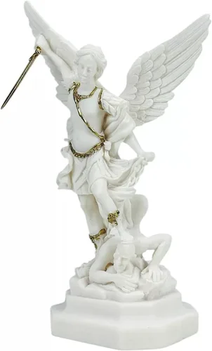 Vista 2 de Generic Saint St Michael Arcángel derrotó a Lucifer estatua griega figura de escultura con detalles dorados, oro blanco, altura: 9.1 in (9 pulgadas)