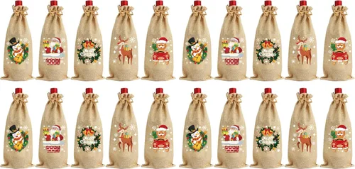 Vista 9 de CCINEE 10 piezas de bolsas de vino de arpillera - Fundas para botellas de yute - Bolsas de regalo navideñas reutilizables con cordón