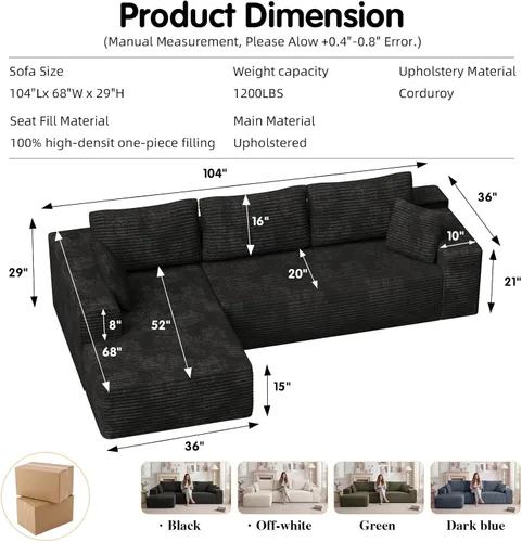 Vista 2 de Sofá seccional Cloud de 104 pulgadas con diván en forma de L, moderno sofá modular seccional de pana, sofás sin hueso para sala de estar y Negro