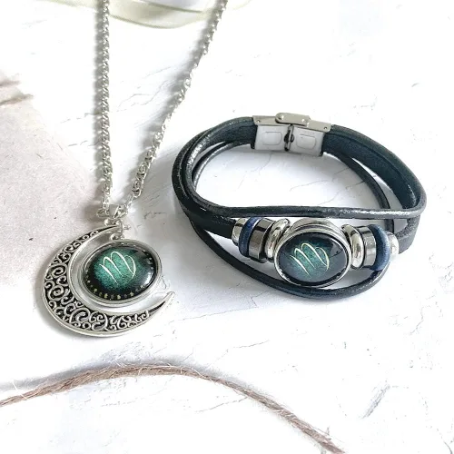 Vista 2 de YANCHUN - Collar y pulsera de cuero modernos con 12 constelaciones del zodiaco astrología galaxia y luna creciente para hombre y mujer juego de 2