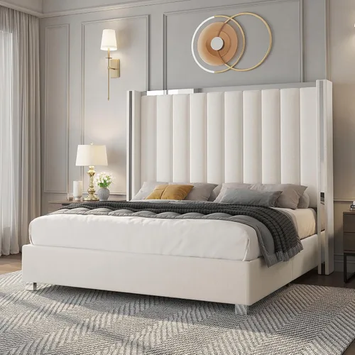 Vista 11 de Jocisland Marco de cama tamaño Queen con cabecero de 58 pulgadas de alto, cama de plataforma tapizada en terciopelo con cabecero tipo wingback