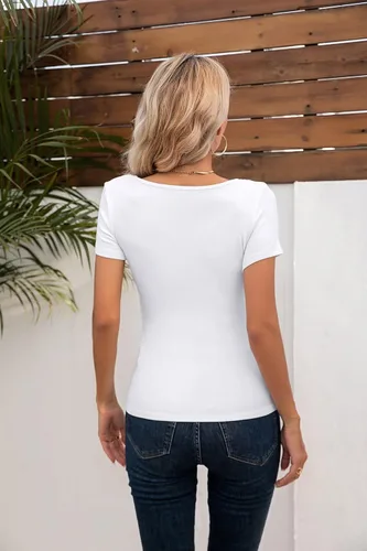 Vista 6 de VICHYIE Camiseta de manga corta con cuello en V para mujer, estilo casual, ajustada