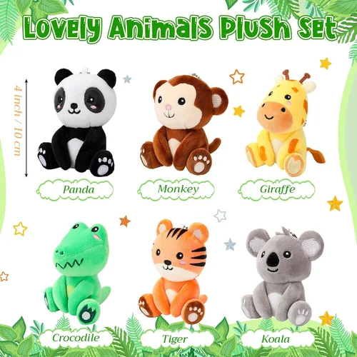 Vista 2 de Aoriher 6 llaveros de peluche de bosque a granel, panda, mono, cocodrilo, koala, tigre y jirafa de 4 pulgadas, regalo para el aula, relleno