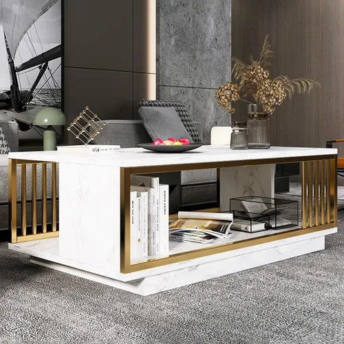 Vista 5 de Gdrasuya10 Mesa de centro moderna de mármol sintético blanco, mesa de centro de madera de 2 niveles con marco dorado, mesa central de TV, mesa