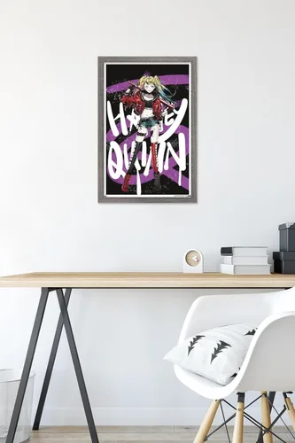 Vista 6 de Trends International DC Comics - Póster de pared de anime Harley Quinn, 14.725 x 22.375 pulgadas, versión enmarcada de madera de granero