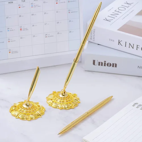 Vista 4 de jiebor Juego de 2 bolígrafos de boda dorados y soporte de metal para bolígrafo de escritorio de firma para libro de invitados, compromiso, negocios