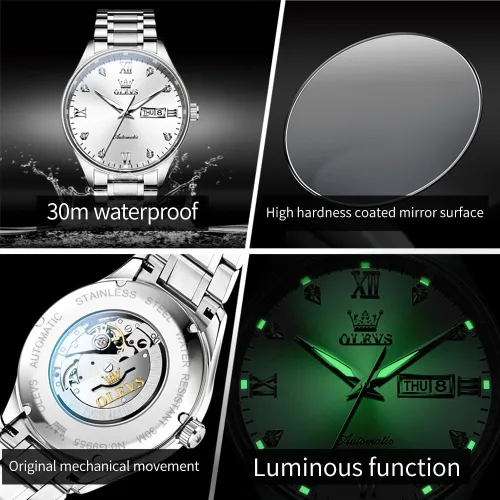 Vista 5 de OLEVS Relojes automáticos para hombre, con cuerda automática, calendario mecánico, resistente al agua, de acero inoxidable, luminoso, de lujo