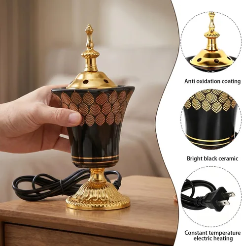 Vista 6 de Amosfun Quemador de incienso eléctrico, estilo árabe, incensario, hogar, oficina, decoración de mesa, yoga, spa, aroma, ornamento, enchufe de EE. UU
