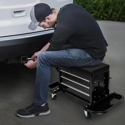 Vista 2 de M-AUTO Taburete Mecánico Rodante Taburete de Caja de Herramientas de Garaje Asiento de Cofre de Herramientas con Ruedas, Capacidad de 350 LBS