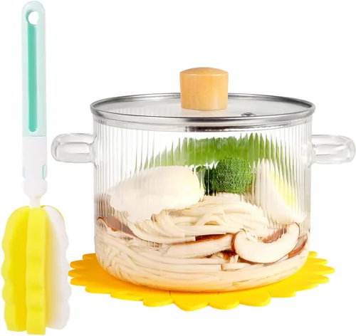 Vista 7 de Olla de Cocina de Vidrio Transparente con Tapa y Cepillo para Estufa - 1.5L (51oz) Olla de Vidrio Borosilicato con Cubierta - Juego de Olla