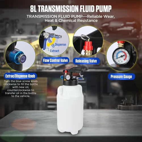 Vista 4 de Kit de Bomba de Transferencia de Líquido de Transmisión de 8L con 26PCS de Adaptadores ATF, Extractor de Aceite Automático y Dispensador Neumático
