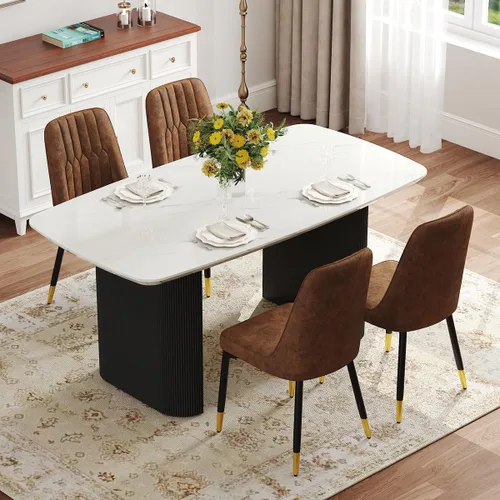 Vista 11 de Juego de mesa de comedor blanco Ebullient para 4, juego de mesa de comedor ovalada de mármol de 67' con 4 sillas de metal, parte superior de grano
