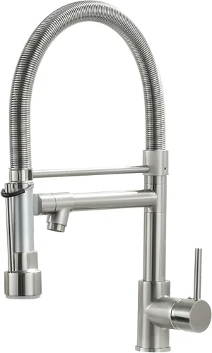 Vista 9 de Grifo de cocina extraíble con rociador, Fapully - Grifo de fregadero de cocina comercial negro primaveral con níquel cepillado