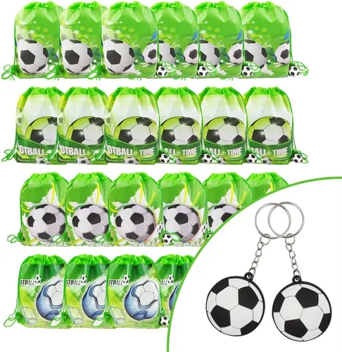 Vista 6 de Paquete de 12 bolsas de regalos de fiesta de cumpleaños con cordón de fútbol, bolsa de suministros de fiesta temática deportiva, paquete de regalo