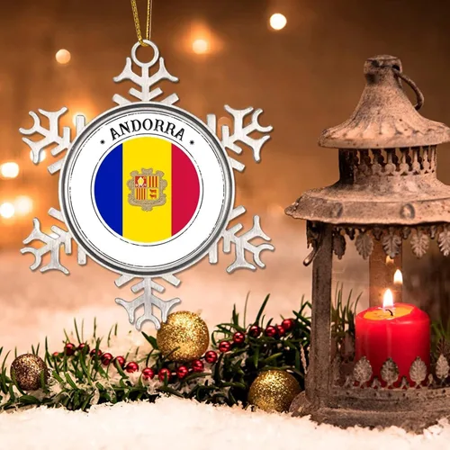 Vista 3 de Adornos de bandera de Andorra para árbol de Navidad, bandera nacional, silueta de Andorra, decoraciones de árbol de Navidad, copo de nieve, metal