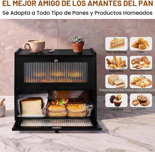 Vista 6 de Alpeir Panera para encimera de cocina, panera grande de doble capa, color Negro
