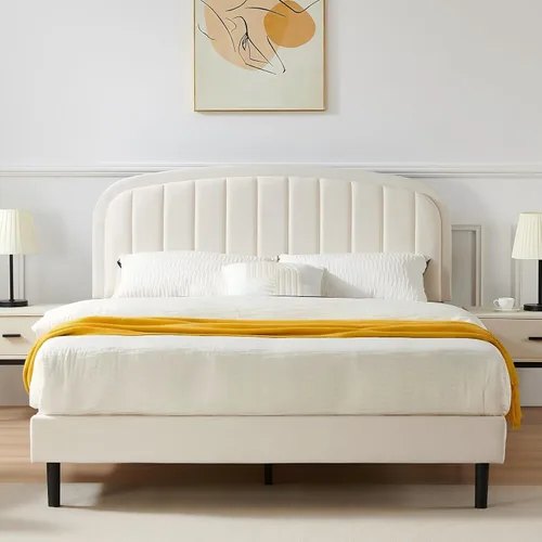 Vista 10 de Furnify Marco de cama individual, base de cama suave con esquinas redondeadas, base de cama tapizada de tela de terciopelo con cabecera redonda