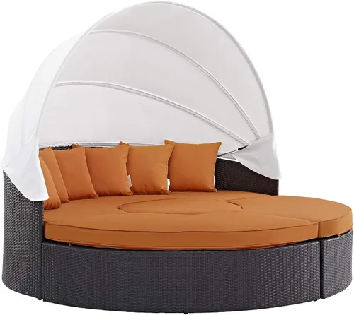 Vista 5 de LexMod sillón circular de mimbre para patio con dosel, marrón café., Espresso Moka