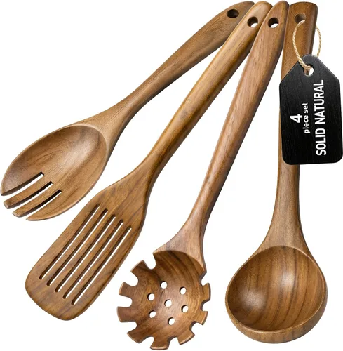 Vista 13 de Cucharas de madera para cocinar, juego de utensilios de cocina de madera, juego de 10 piezas de utensilios de cocina de madera con cucharas