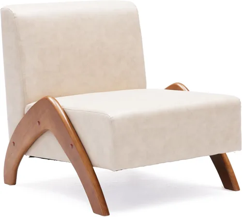 Vista 14 de Silla decorativa de gran tamaño, tapizada sin brazos de mediados de siglo, moderna silla de sala de estar con patas de madera para dormitorio Beige