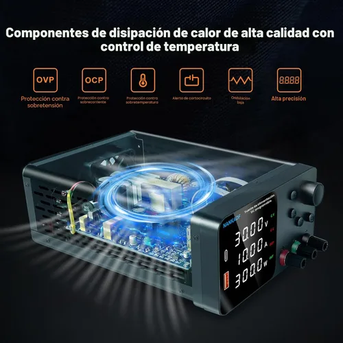 Vista 5 de Fuente de alimentación DC, fuente de alimentación de banco 30V 10A con ajuste de codificador, carga rápida USB&Type-C 5V/3.6A, fuentes
