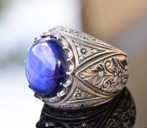 Vista 5 de Anillo de plata de ley con zafiro real estrella, con piedras preciosas