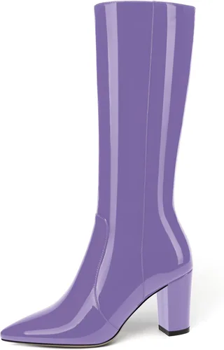 Vista 128 de AMBELIGHT Botas altas hasta la rodilla con cremallera y puntera puntiaguda para mujer, de patente sólida, tacón alto, 3.3 pulgadas