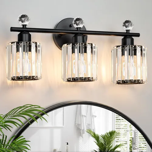 Vista 8 de Lámparas de baño doradas de 1 luz, modernas luces de tocador de baño con pantalla de cristal transparente, luces de montaje en pared de baño