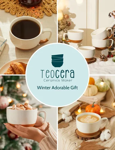 Vista 5 de Teocera Juego de 4 tazas de café color beige, taza de café de cerámica de 16 onzas, juego de tazas grandes con asa para bebidas frías o calientes